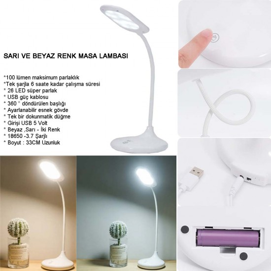 ŞARJLI SARI VE BEYAZ RENK MASA LAMBASI WATTON WT-005