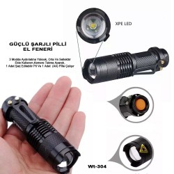 Mini Güçlü Şarjlı Pilli EL Feneri Watton Wt-304